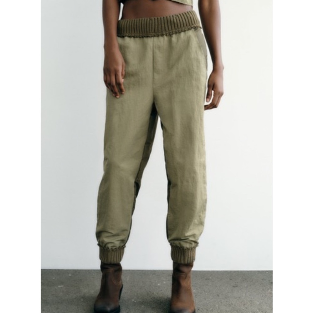 Zara Women's Olive Patchwork Nylon Jogger Pants Pockets Distressed Grunge 90's